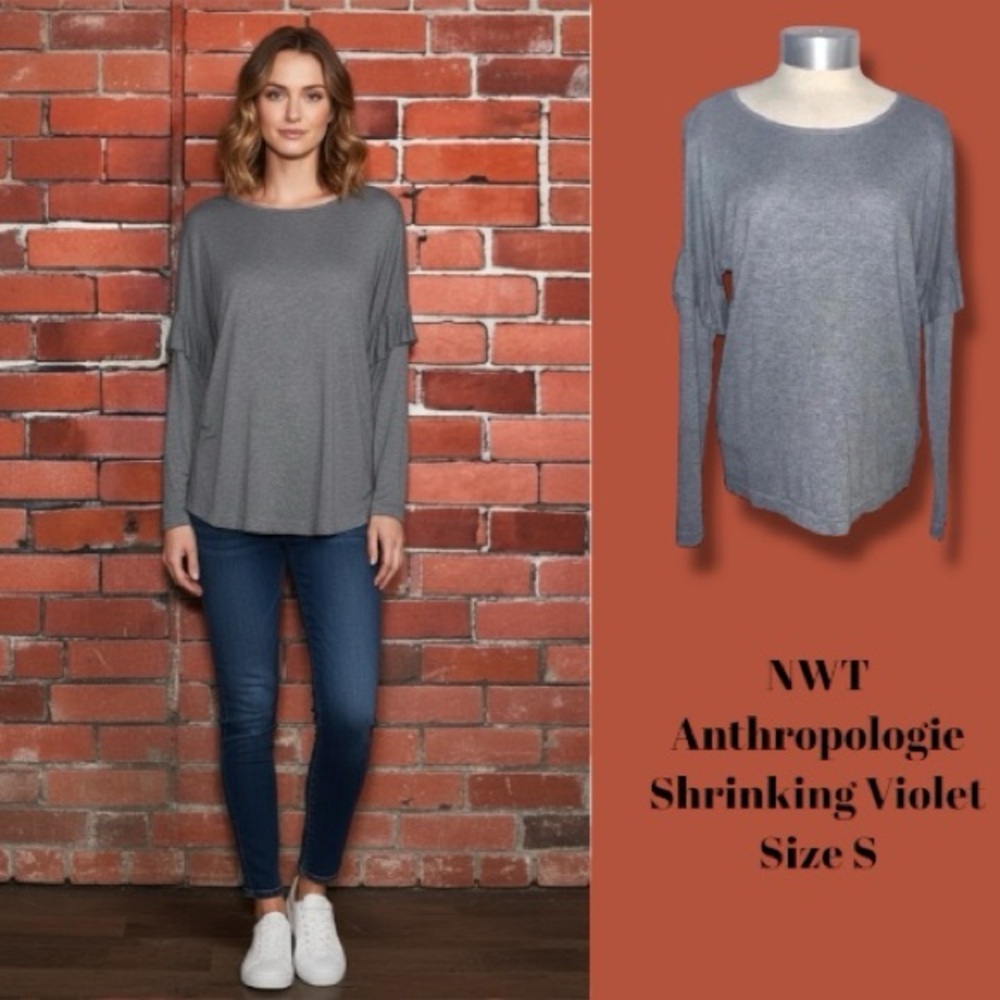 Anthropologie Shrinking Violet NWT Sweater Gray Pullover Ruffle Sleeve Scoop - S